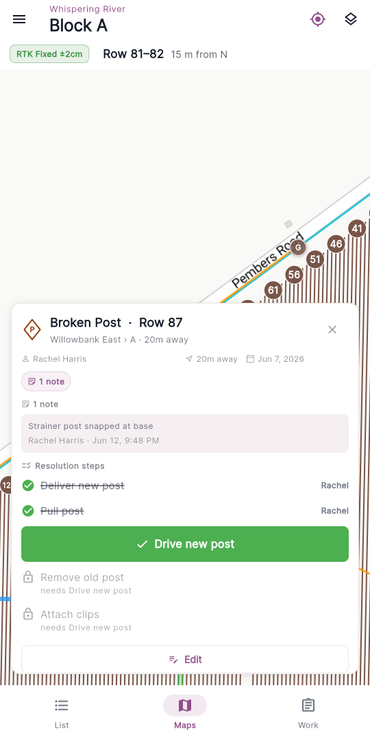 The same trouble-spot card unfolded — reporter, date, photos, notes, the done steps and the Edit button.
