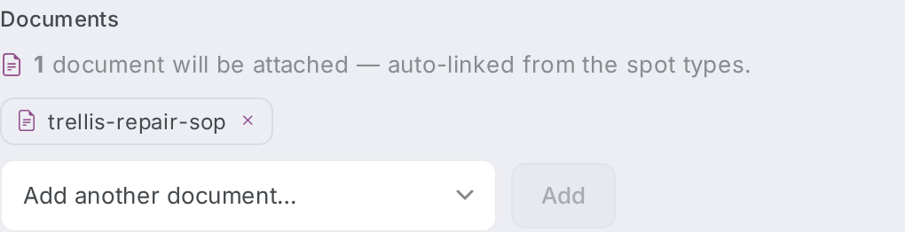 The Spot Fix details step with the Documents block showing auto-linked PDF chips and the Add another document… picker.