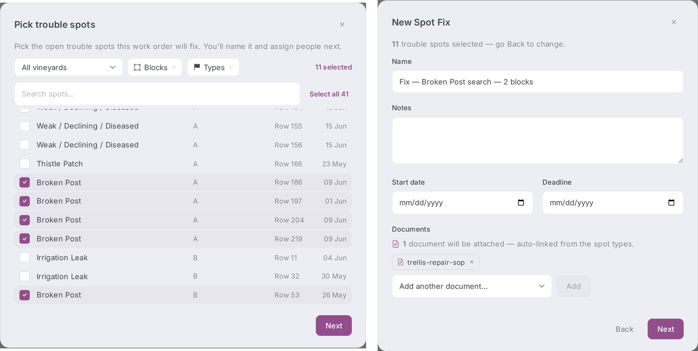 The Spot Fix wizard from Work → Spot Fix — the Pick trouble spots step with the filtered spots selected, then the details step with the name field.