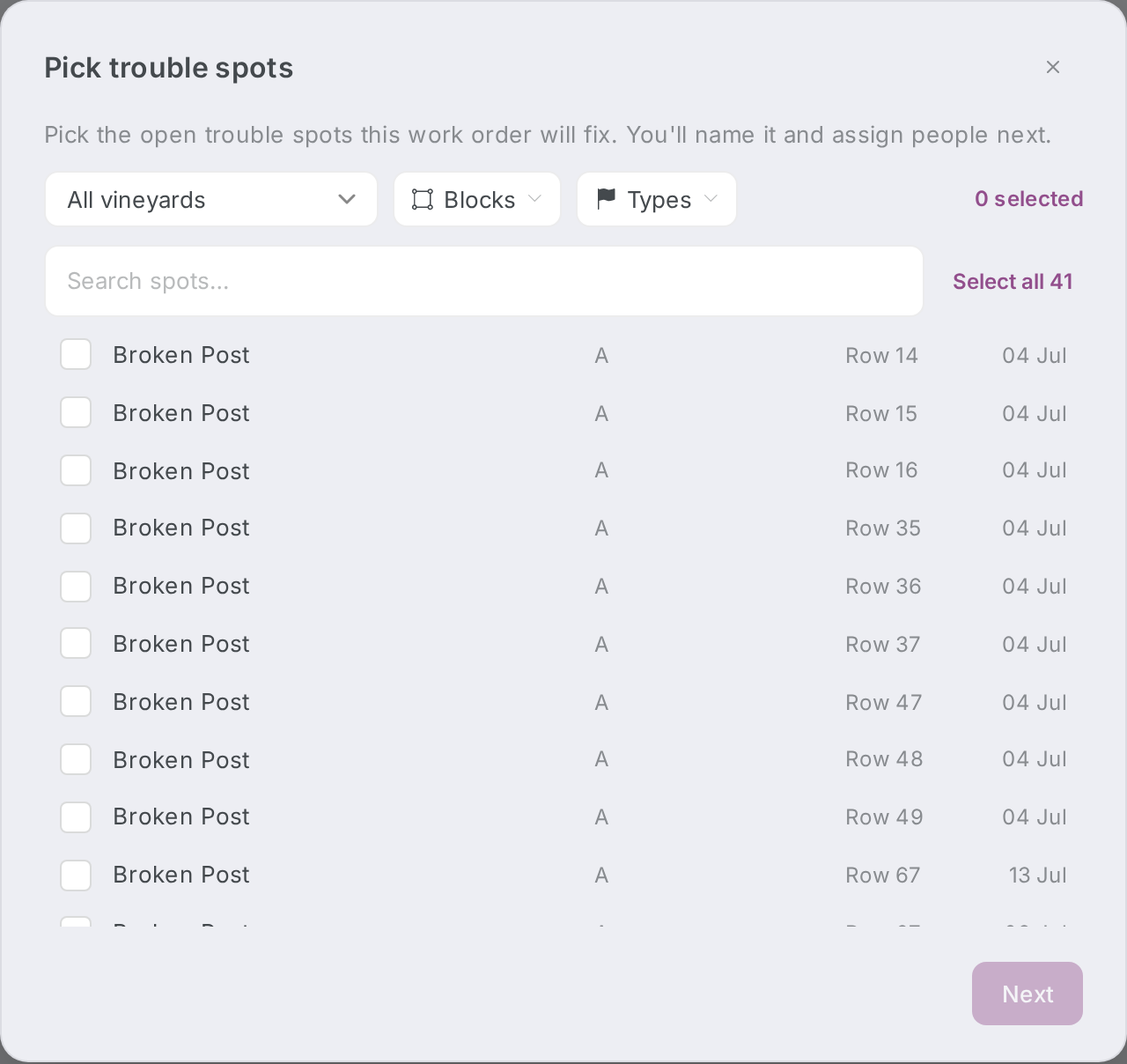 The Spot Fix wizard's Pick trouble spots step with the vineyard dropdown, Blocks and Types facets, search box, and Select all toggle.