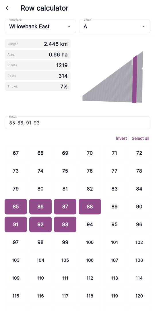 The summary — the stacked stat boxes (Length, Area, Plants, Posts) on the left with the rows/percentage box beneath them, and the large highlighted block graphic on the right.