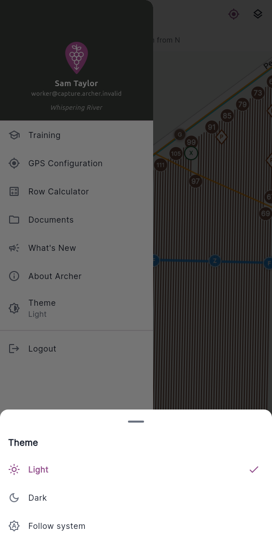 The Theme picker sheet, showing Light, Dark, and Follow system with the current option ticked.