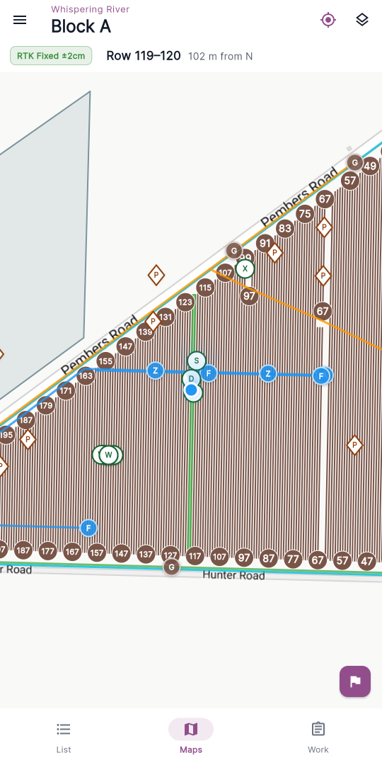 The three bottom tabs — List, Maps (selected), Work — at the bottom of the map screen.