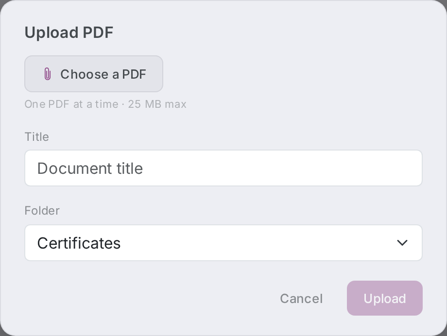 The Upload PDF dialog — file picker, Title field, Folder dropdown.