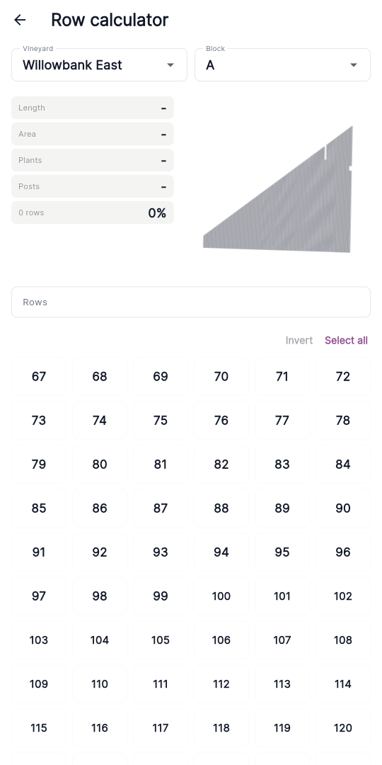 The Vineyard and Block dropdown selectors at the top of the Row Calculator.