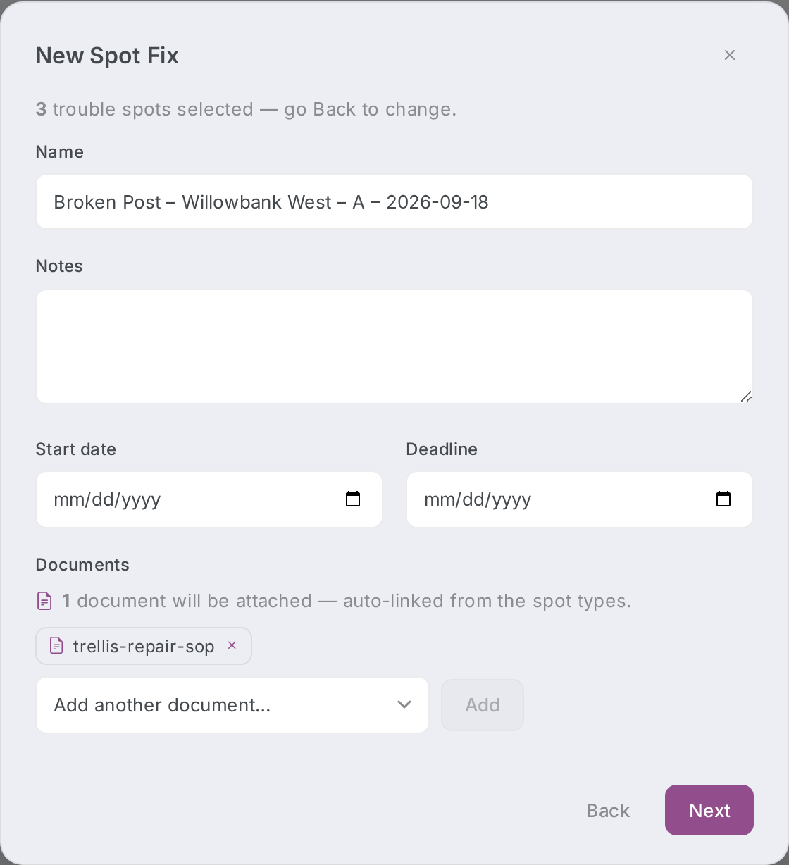 The wizard's details step with an auto-suggested name, Notes field, and the Start date / Deadline fields side by side.