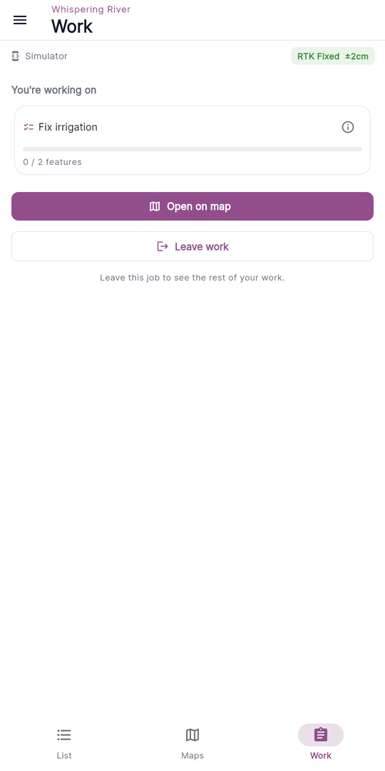 The Work tab in an active session — You're working on above the job card, with Open on map and Leave work buttons.