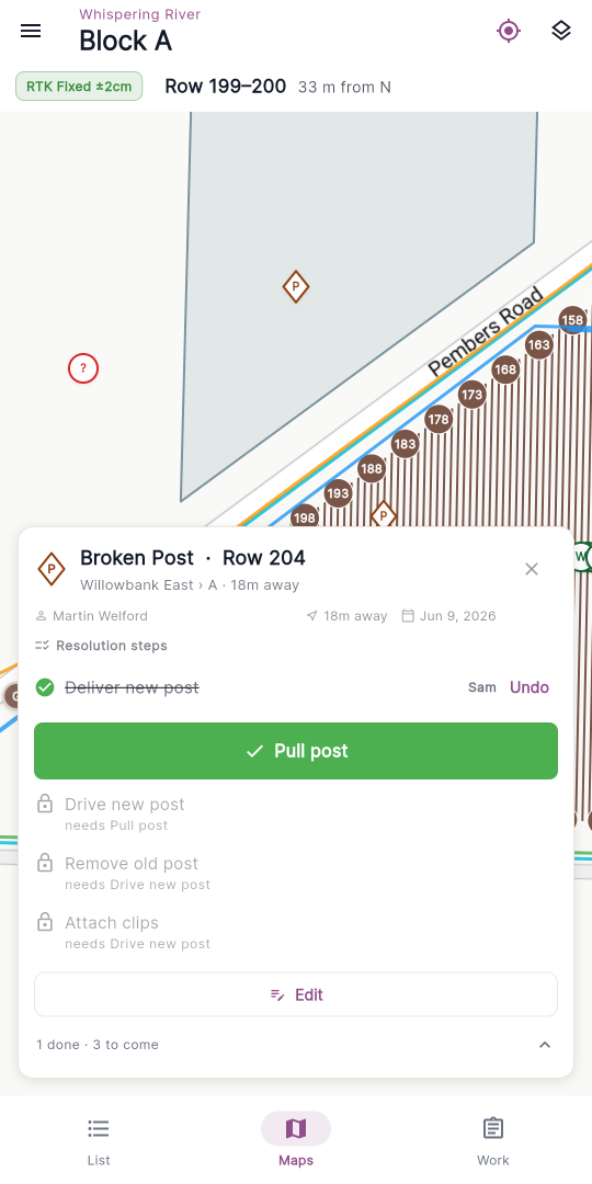 Unfolded trouble-spot card showing the Resolution steps checklist — a done step ticked and struck through with the doer's first name (and an Undo button when reversible), an available step as a green hold button labelled with the step name, and a blocked step with a lock icon and a needs … line.